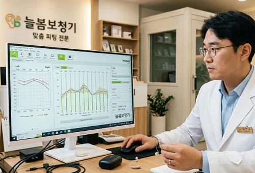 늘봄보청기-맞춤-피팅-—-청능사-피팅-소프트웨어-조정-또는-실이측정-장면