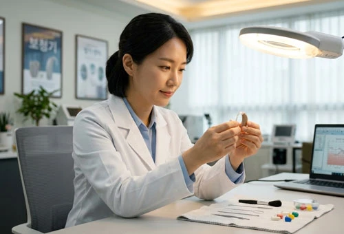 늘봄보청기-사후관리-청능사-보청기-세척 점검-또는-상담-장면