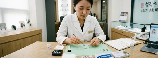 늘봄보청기-성남센터에서--전문가가-보청기-소모품을-교체하는-장면