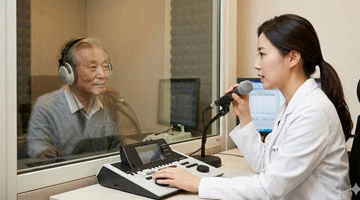 어음인지도검사 진행 장면 청능사와 환자 유리창 구도