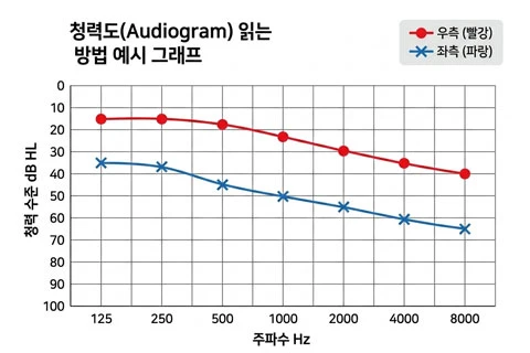 청력도(Audiogram) 정상 vs 노인성 난청 비교 예시 그래프