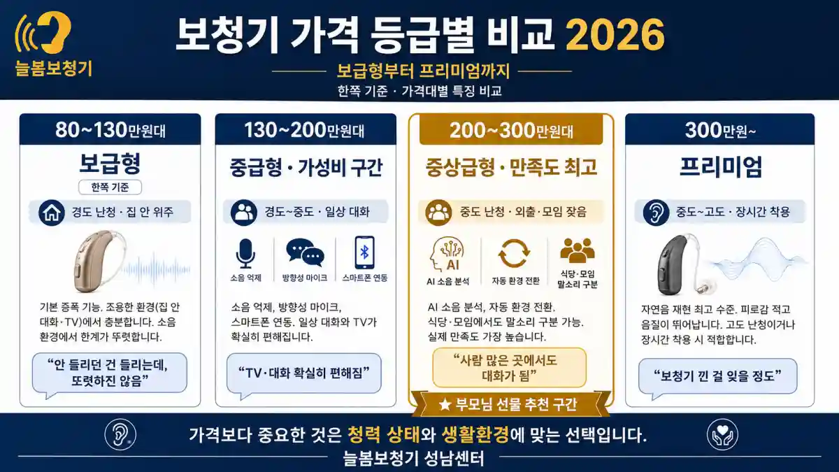 보청기 가격 등급별 비교 2026 - 보급형부터 프리미엄까지 - 늘봄보청기 성남센터