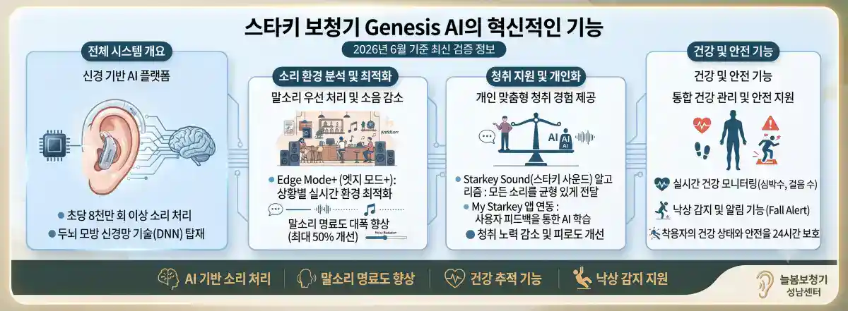 스타키 Genesis AI 기능-낙상감지·헬스케어·AI 소음분류-늘봄보청기 성남센터